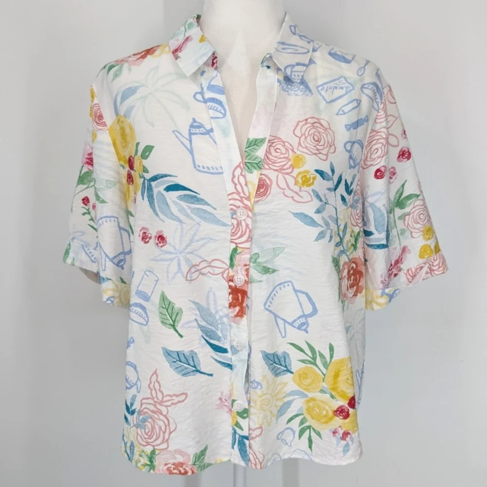 Rachel Zoe White Blue Green Floral Tea Watercolor Short Sleeve Blouse Large - Picture 3 of 12
